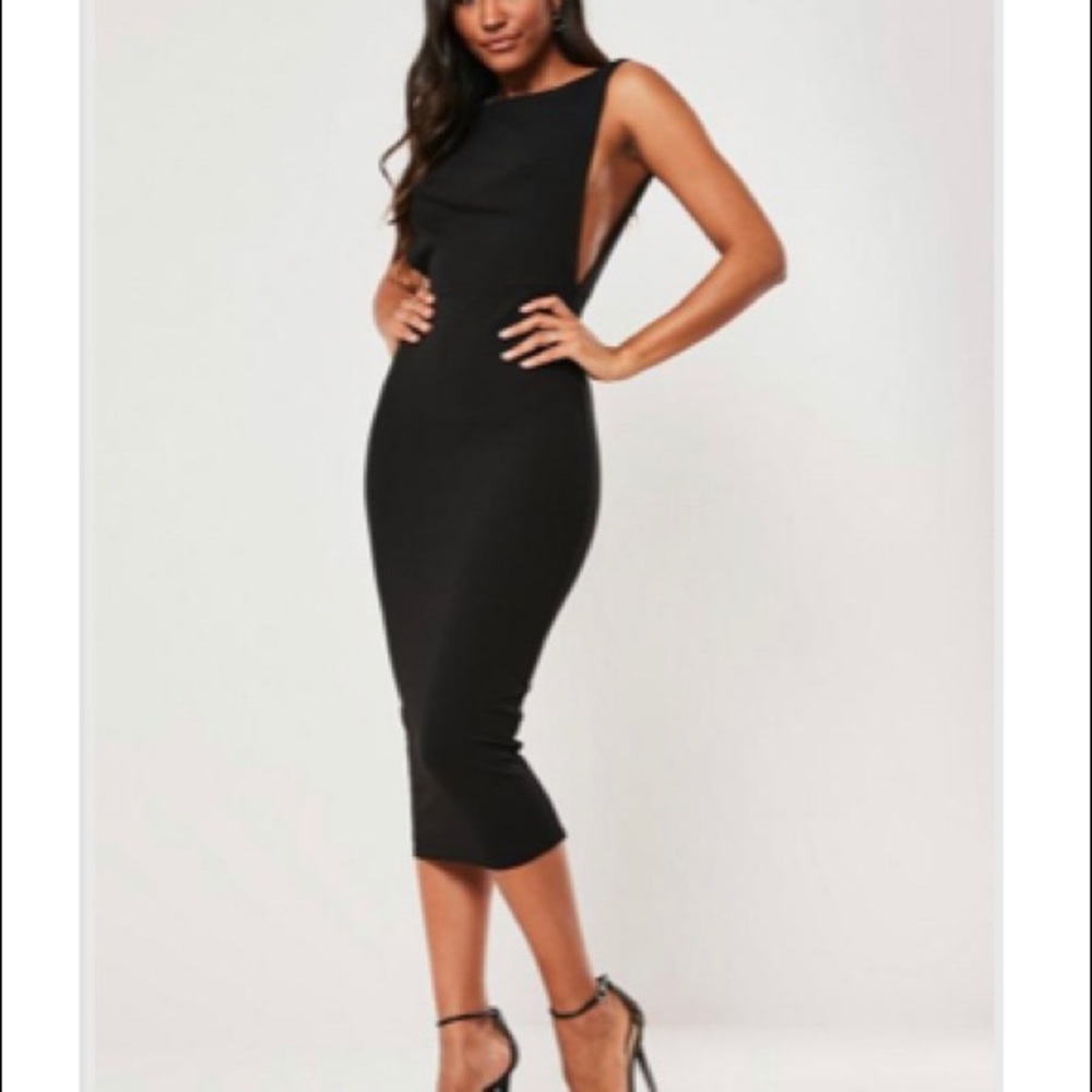Black sleeveless low back midi dress